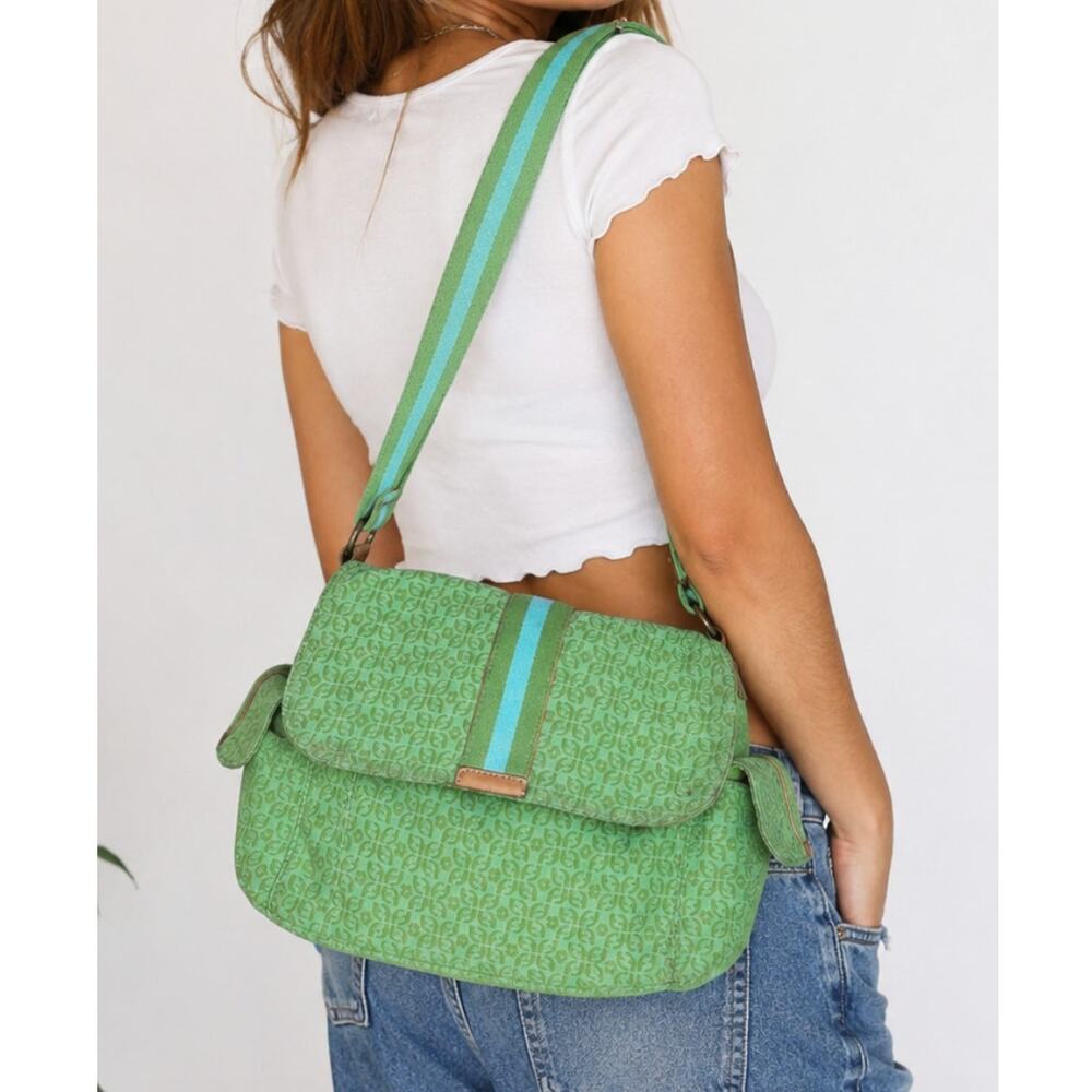 Y2K Green Fossil Monogram Messenger Bag Crossbody Canvas Skater Preppy Purse